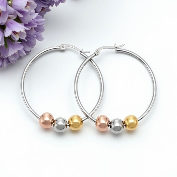 🆕️‎ 18K Gold Plated Stainless Steel Tri-Color Beaded Hoop Earrings Trendy Chic - Picture 5 of 9